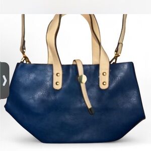 Leather Blue and Tan Bucket Crossbody Handbag